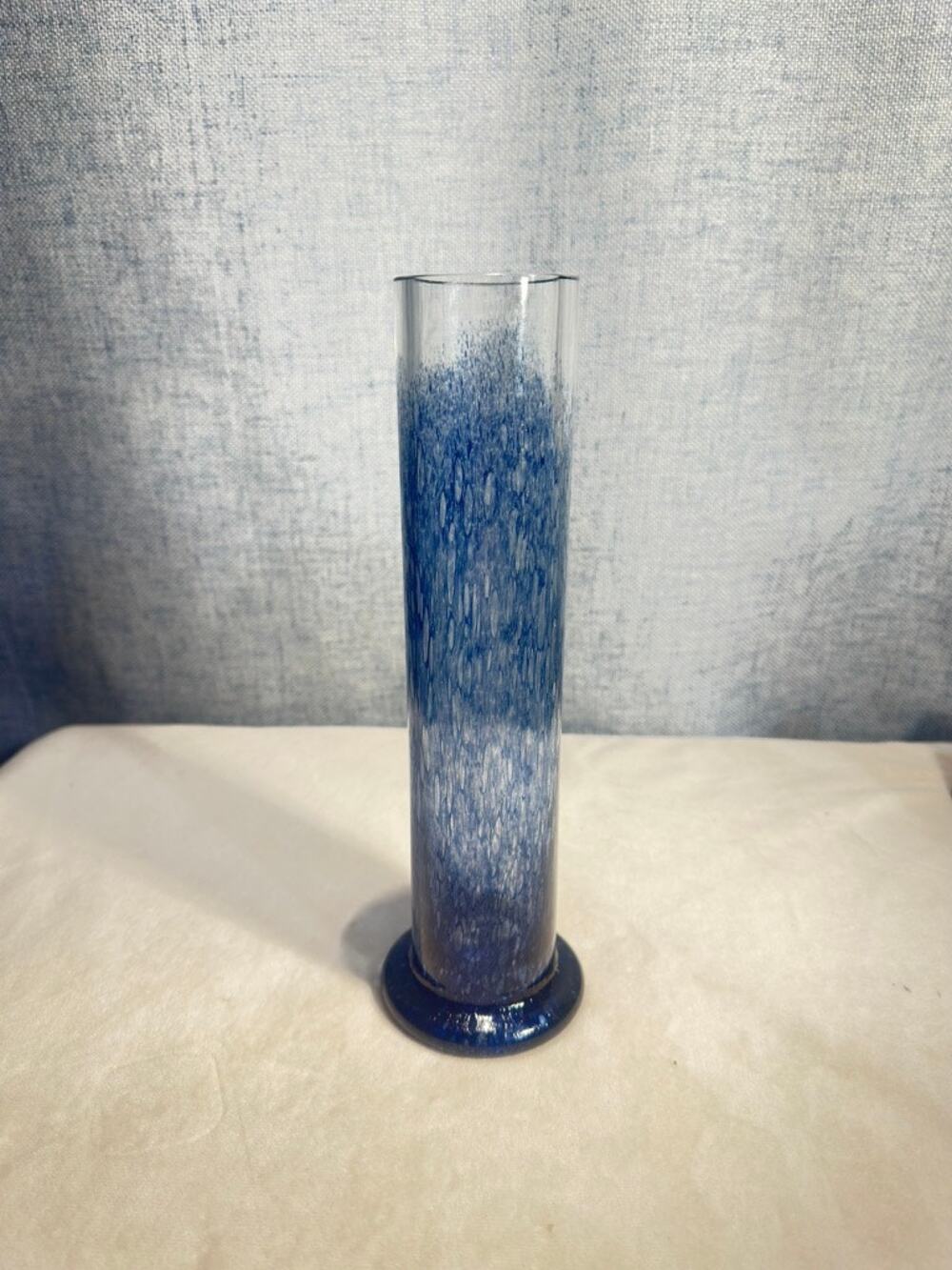 Vtg. MCM Blue Controlled Bubble Art Glass Cylinder Vase 10" Polished Footed Base